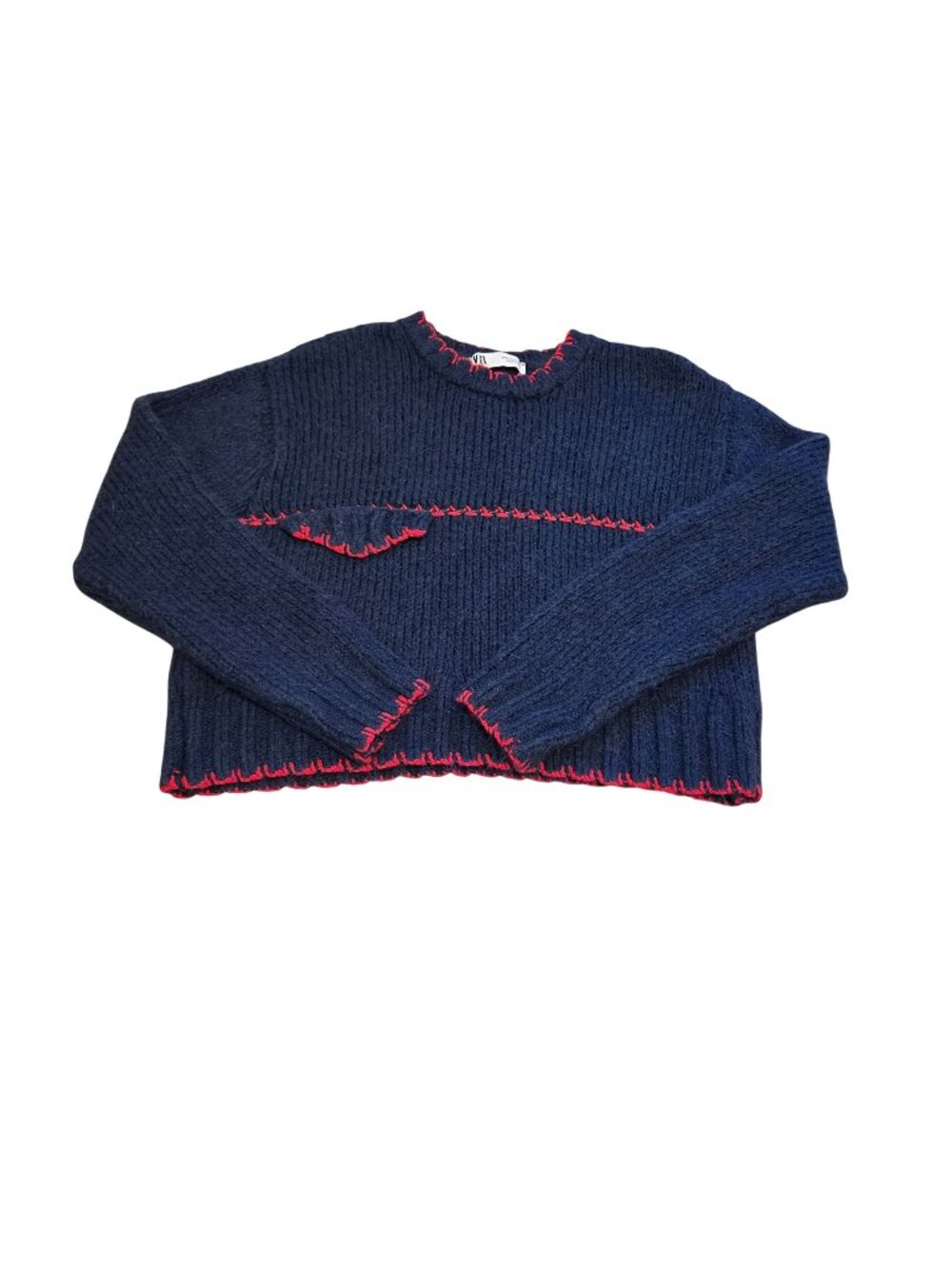 Zara Navy Blue Cropped Knit Sweater Contrasting Red Stitch Trim Size Small